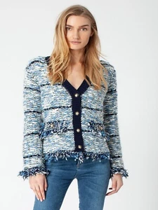 R FASHION Women’s Tweed Jacket with Gold Buttons & Fringe Sleeve Knit Cardigan - Picture 1 of 18