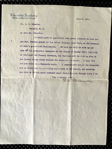 WORCESTER ACADEMY D.W. ABERCROMBIE LETTERA PRINCIPALE E CARTA INTESTATA 6 GIUGNO 1904 - Foto 1 di 3