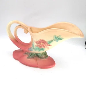 Jarrón de cerámica Hull Pottery EE. UU. de colección años 50 W10-11” mango Cornucopia verde rosa (A) - Imagen 1 de 8