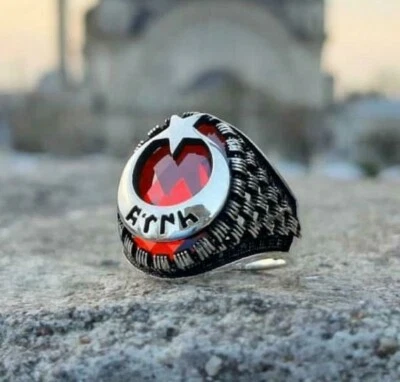 Anillo de circón rojo para hombre de plata esterlina 925 maciza con diseño de estrella de luna creciente Foto 1 de 4