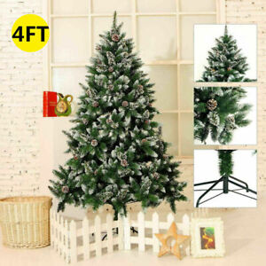 Snowy Christmas Tree Artificial Pinecones Hinged Xmas Decorations w/ Metal Stand