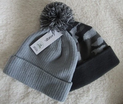 2 Pack Grey Knit Hats 1 x Camouflage Pom 1 x Plain Age 1-3 Yrs Brand New WL - Image 1 of 4