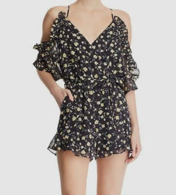 $99 Bardot Women's Black Poppy Floral Cold-Shoulder Romper Size 4 - Image 1 of 2