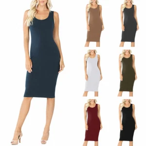 Womens Sleeveless Cotton Bodycon Tank Knee Length Midi Dress - Picture 1 of 37