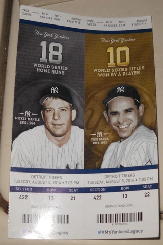 2 TICKET SHEET AUGUST 5 2014 MICKEY MANTLE YOGI BERRA YANKEES ROYALS Cover