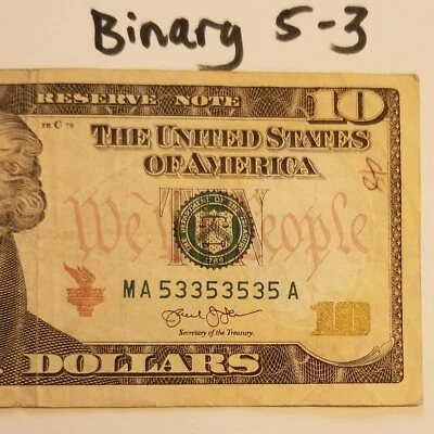 Binary Super Repeater Ten Dollar 53 35 Serial Number Boston MA US 2013 BEP Note - Image 1 of 4