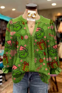 Christmas Gift Print Puff Sleeve Top Santa Claus Blouses - Picture 1 of 13