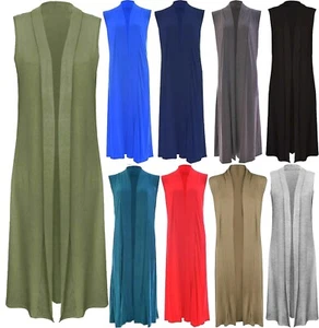 Damen ärmellose lange Strickjacke vorne offen Kragen Weste Long Cardigan - Bild 1 von 10