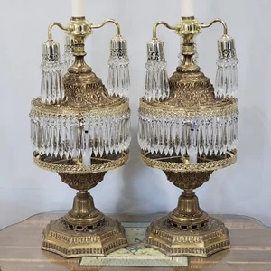Vintage Rare Pair Hollywood Regency Loevsky L&L Crystal Prism Waterfall Lamps - Picture 1 of 15