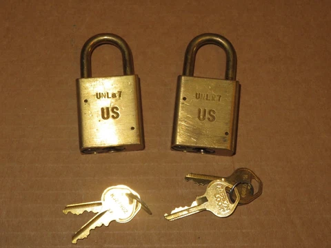 Pair of Vintage American Lock Co. Padlock UNL x 7 UNL a 7 US Lock with Keys Cover