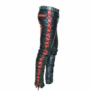 Mens New Real Black & Red Cow Leather Front & Side Laced Biker Trousers Pant - Picture 1 of 5