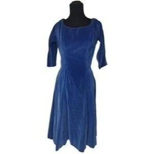 Gigi Young New York Vintage 50s Blue Velvet Fit & Flare Square Neck Dress Sz 6-8 - Picture 1 of 6