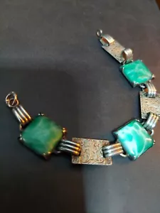 VINTAGE ART DECO STERLING SILVER Green Glass BRACELET 7.25" - Picture 1 of 8