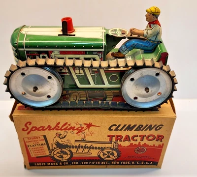Vintage 1950's Marx Sparkling Climbing Tractor w Driver & Really Nice Box. Works - Image 1 of 4