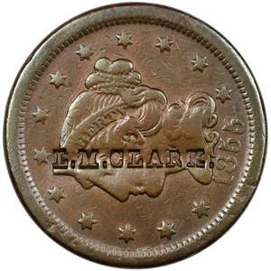 1855 Braided Hair Large Cent, Upright 55, "L.M. CLARK." Counterstamp - Picture 1 of 3