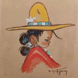 Pastellzeichnung von Chris Jeffersen junges Mädchen Indianer auf Samt MCM & OBO - Bild 1 von 7