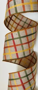 9 YD 2.5”w Linen Beige Fall Plaid Green Yellow Orange  Ribbon Wired Edge - Picture 1 of 6