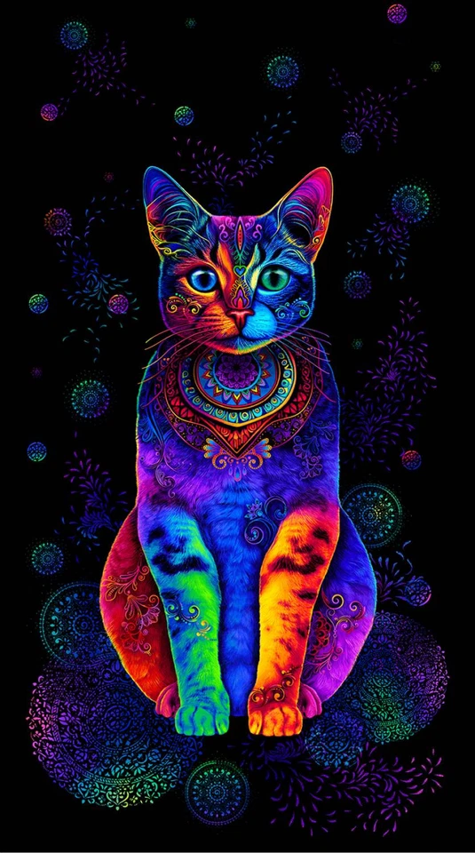 23" Fabric Panel | Timeless Treasures Wildcat Rainbow Cat Scene on Black - Image 1 of 1
