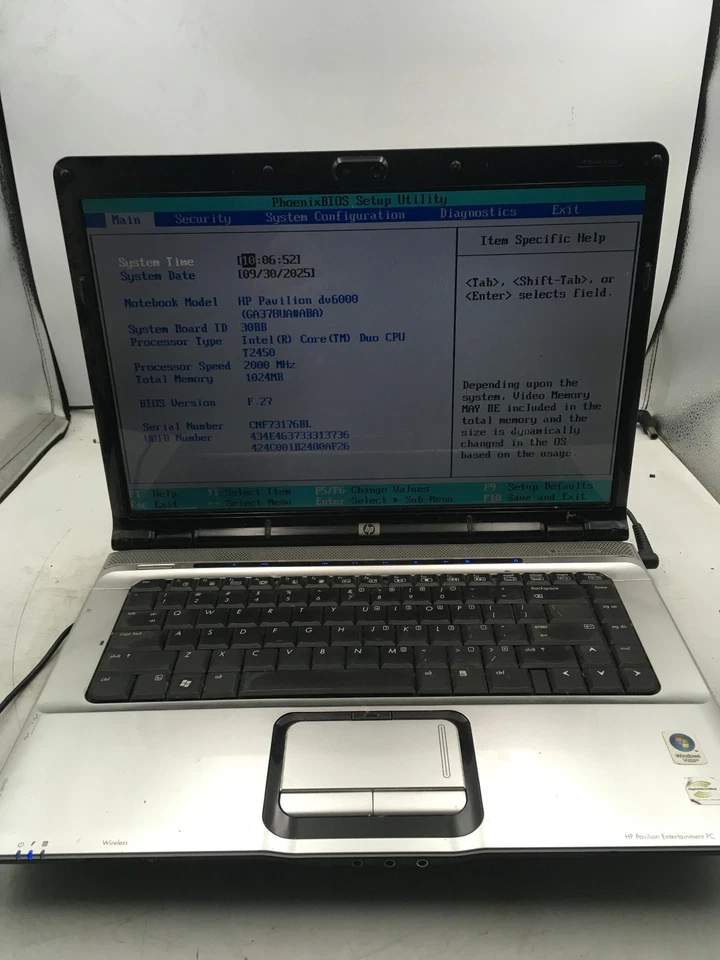 HP PAVILION DV6000 - BOOTS TO BIOS - INTEL CORE DUO T2450 - 1GB RAM - READ - BB - Image 1 of 4