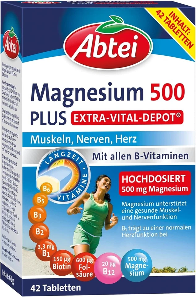 Abtei Magnesium 500 Plus Extra-Vital-Depot Hochdosiert B-Vitamine 42 Tabletten