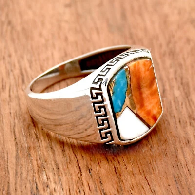 Solid 925 Sterling Silver Natural Oyster Turquoise Gemstone Signet Men's Ring - Image 1 of 4