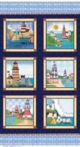 24" X 44" Panel Lighthouses Coastal Cities Blue Cotton Fabric Panel - Picture 1 of 1