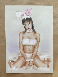Arte Original Asiático Niña Conejo Firmado a Mano Obras de Arte Japonesas Pintura - Imagen 1 de 8