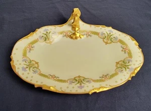 Antiq JEAN POUYAT LIMOGES France Gold Blue FLOWERs Looped Handle Oval Dish - Picture 1 of 6