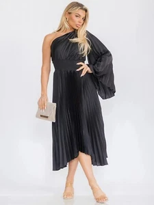 Black One Shoulder Maxi Dress Size Large Long Bell Sleeve Pleated Smocked - Picture 1 of 3