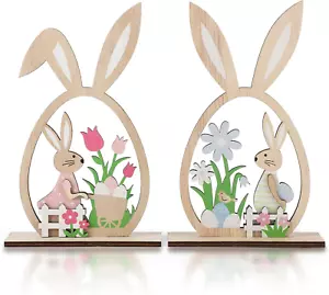 2Pcs Easter Decorations for the Home Wooden Decor Sign Farmhouse Bunny with Egg - Picture 1 of 12