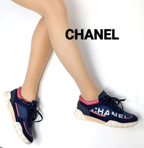 Authentic Chanel Logo Sneakers 36 Navy/Pink - Picture 1 of 9