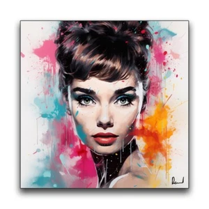 QUADRO MODERNO AUDREY HEPBURN POP ART WATER COLOR PAINTING DIPINTO - Foto 1 di 3