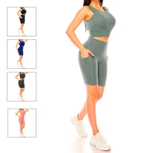 Fitness Outfit for Women 2 Piece Workout Set Sports Bra High Waist Biker - Picture 1 of 28