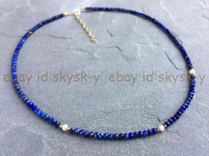 Natural Lapis Lazuli 3mm Faceted Round Gems Bead White Freshwater Pearl Necklace - Picture 1 of 17
