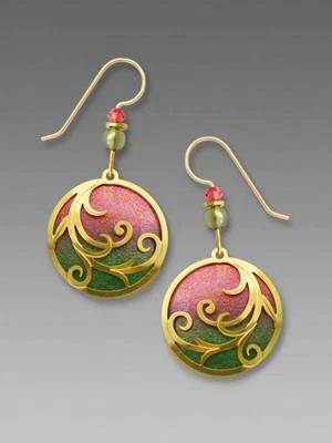 Adajio Earrings Coral & Olive Disc Gold Plated Tendrils Overlay Handmade in USA - Image 1 of 4