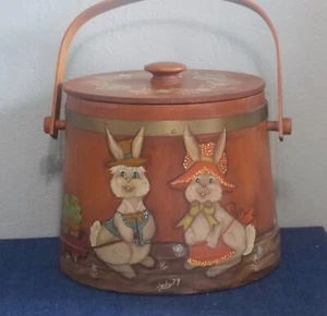 Vintage Wooden FIRKIN Bucket HAND PAINTED FOLK ART Cute Bunny Rabbits Flowers - Picture 1 of 6