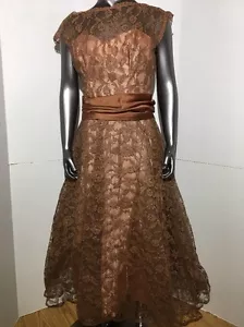Beautiful 50's 'Champagne' Brown Vintage Dress With Giant Back Bow, Excellent! - Picture 1 of 6