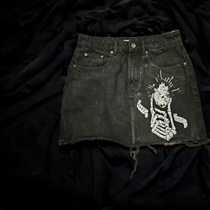 TRF Black Denim Skirt Distressed Size 8 Goth Emo Skull Skeleton - Picture 1 of 7