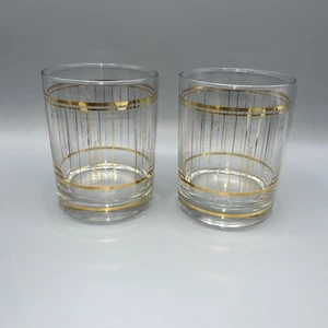 Set Of 2 Vintage Culver Gold Vertical Stripe Old Fashioned Lowball Rocks Glasses - Picture 1 of 16
