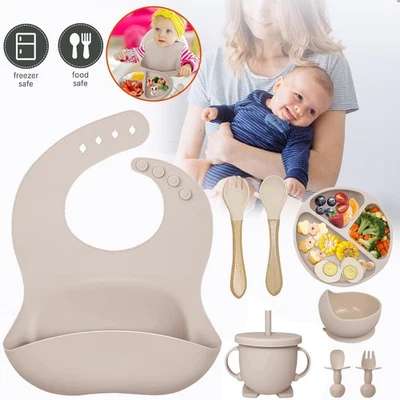 8x Silikon Baby Geschirrset, Rutschfest Kindergeschirr mit Saugnapf Baby Teller - Bild 1 von 4