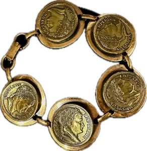 VINTAGE MASSIVES KUPFER SIGNIERTES ARMBAND 5 FRANC MÜNZEN mit NAPOLEON KAISER - Bild 1 von 12