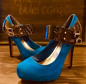 Bambus blau Fx Wildleder & schwarz Lack launisch Goth Schnalle Mary Jane High Heels ~ 7 - Bild 1 von 14