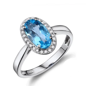 Blue Topz & Real Diamonds Engagement Vintage Ring 18K White Gold Oval Shape - Picture 1 of 3