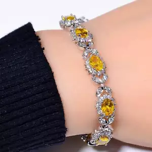 Citrine & Cubic Zirconia 925 Sterling Silver Tennis Bracelet 7.99" B_9740_707_9 - Picture 1 of 4