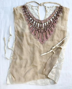 Antique Vintage Beaded Garment Top Bib Yoke Collar Nude Crepe Peplum Hand Sewn - Picture 1 of 23
