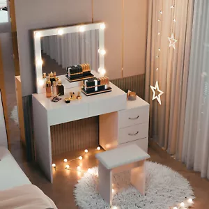 Weiß Schminktisch mit Spiegel und Hocker LED Beleuchtung Schublade Frisiertisch - Bild 1 von 16