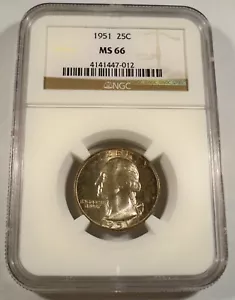 1951 NGC MS66 WASHINGTON QUARTER NICE TONE 25c SILVER MS 66 - Picture 1 of 5