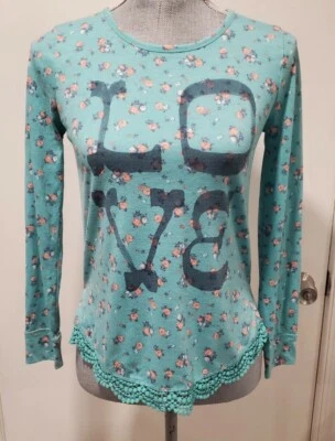 Mudd Girls Size 14 Shirt Green Floral Lace Trim "Love" - Image 1 of 3