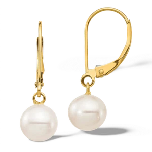 14K Solid Yellow Gold 7mm White Round Freshwater Cultured Pearl Dangle Earrings - Picture 1 of 3