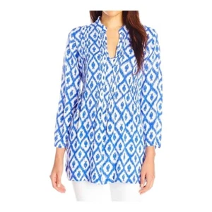 Top túnica Lilly Pulitzer Sarasota azul blanco estampado Ikat manga 3/4 mujer talla XS - Imagen 1 de 13
